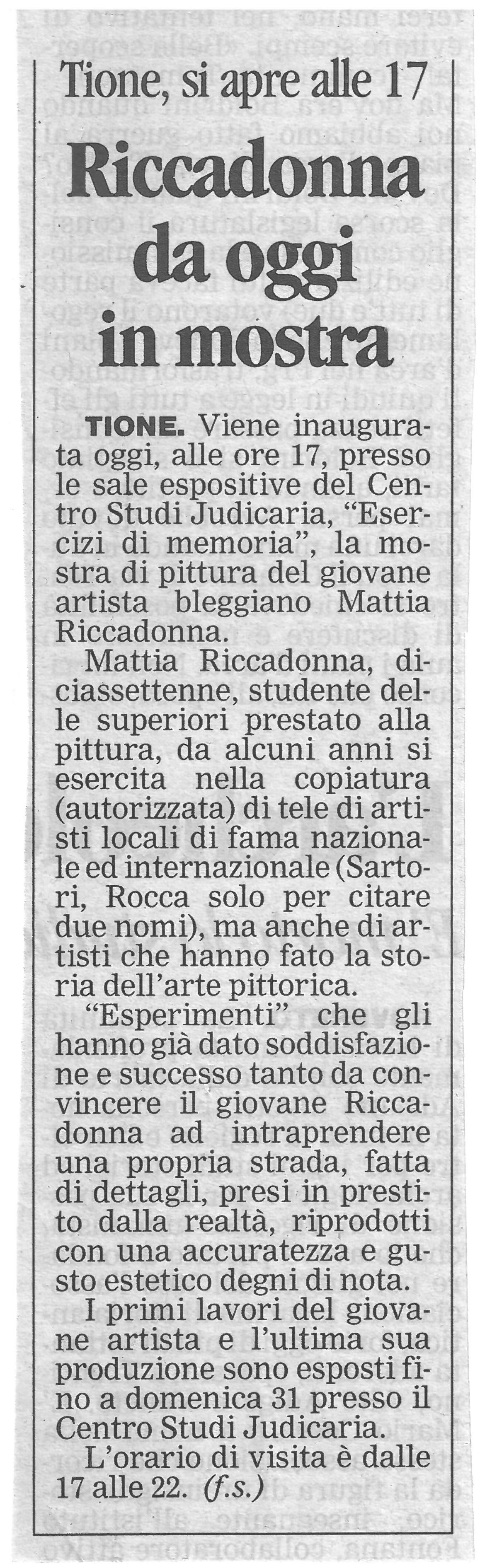 Ritaglio di giornale — Mostra Esercizi di memoria, Tione 2003