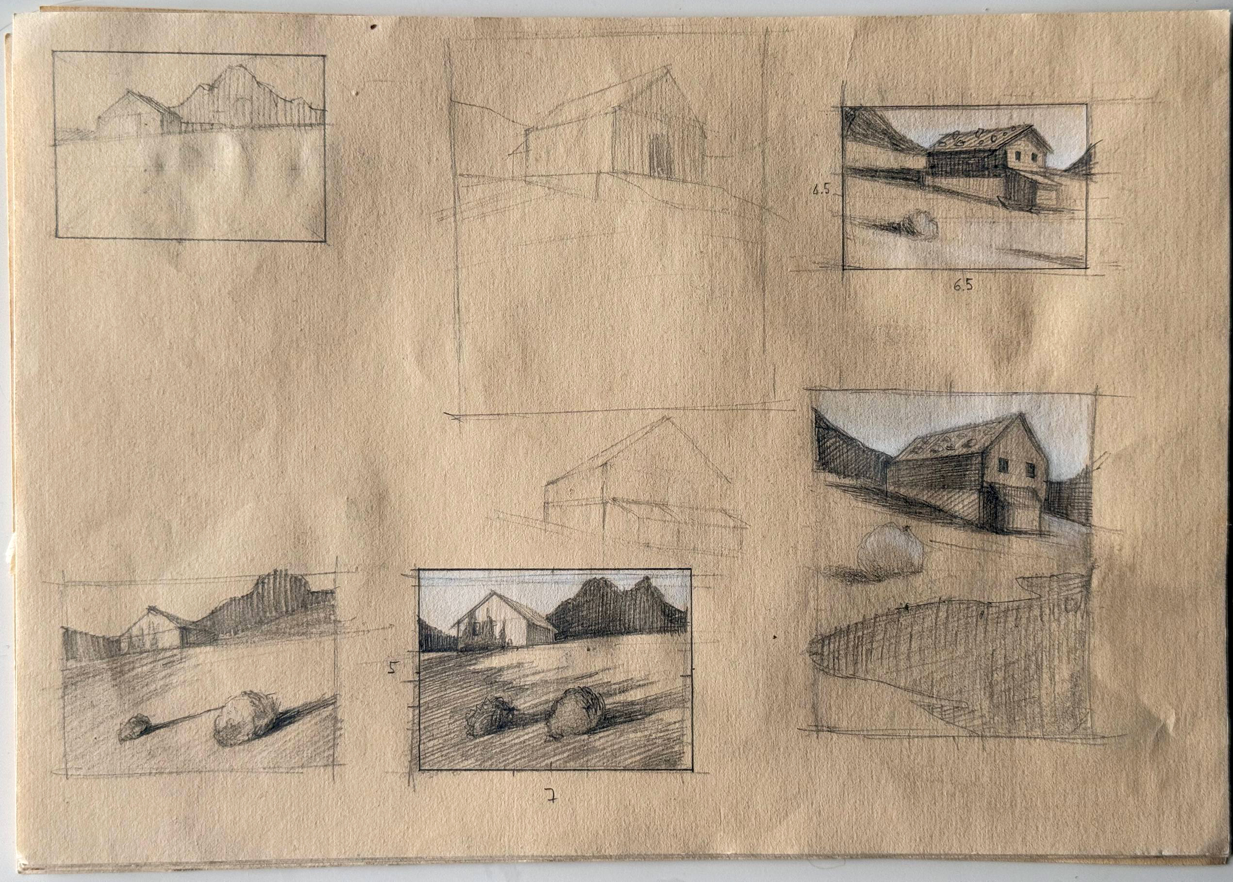 Foglio sparso 01 — studio di edifici e composizioni, matita e gesso, 2025