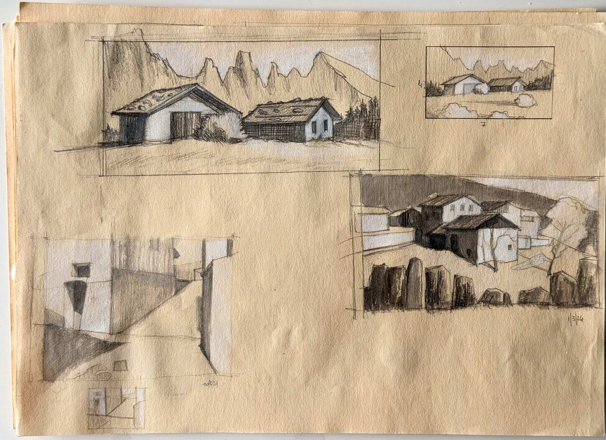 Foglio sparso 03 — studio di edifici, matita, 2025